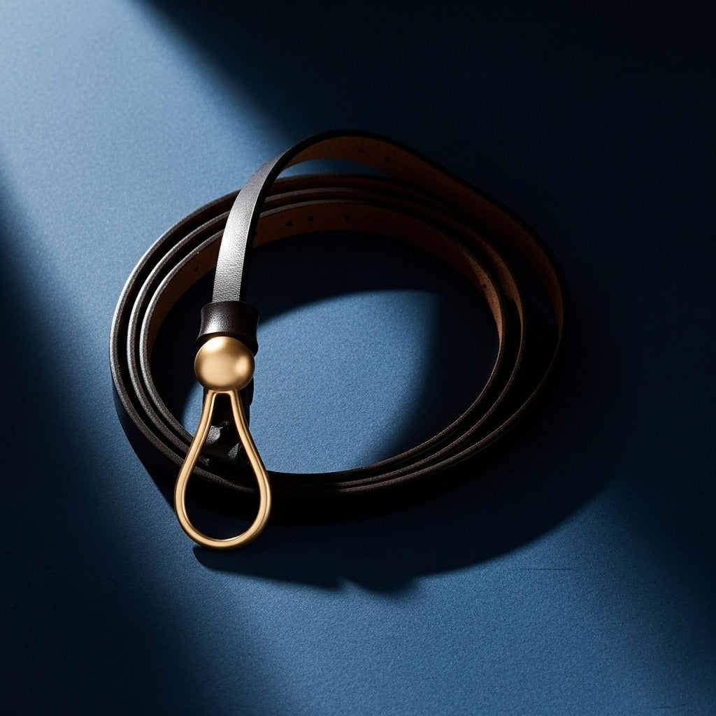 Ceinture fine Iseult en cuir noir lisse avec une boucle bijou dorée en forme de goutte, sur fond bleu #fullwidth