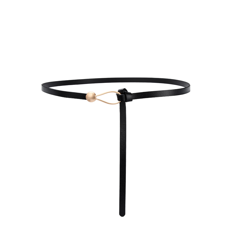 Ceinture fine Iseult noire en cuir avec boucle dorée en forme de goutte, idéale pour souligner une silhouette féminine avec élégance.