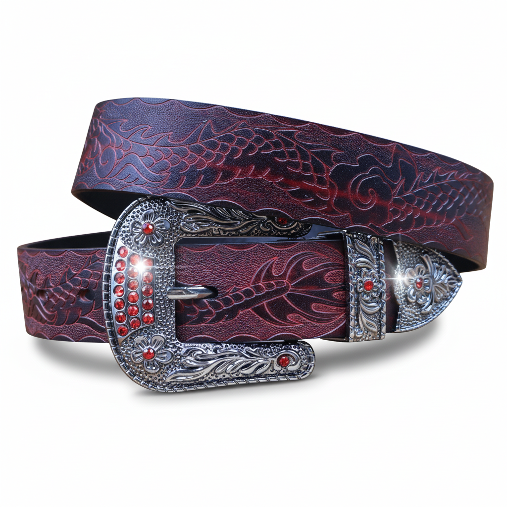 Ceinture pour homme Jeanne en cuir bordeaux avec motif dragon gravé, boucle argentée ornée de strass rouges et de motifs floraux et dragons.