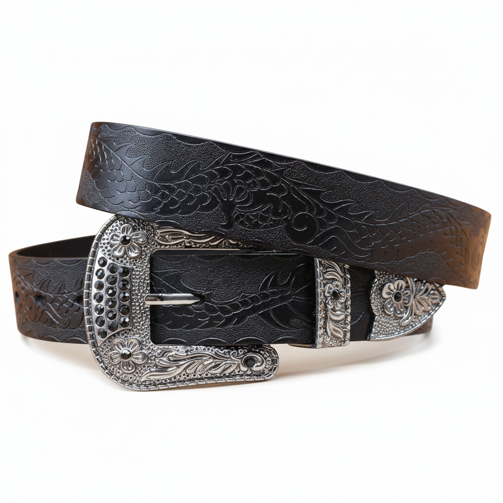 Ceinture noire pour homme "Jeanne" en cuir refendu avec motif dragon, boucle argentée ornée de strass et de gravures florales #fullwidth