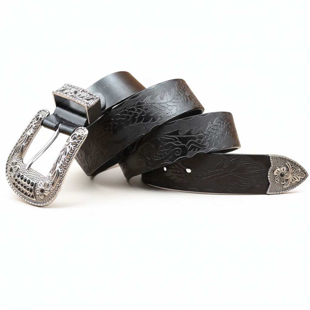 Ceinture noire pour homme Jeanne avec motif dragon gravé, boucle ardillon argentée ornée de strass et de gravures de dragons.