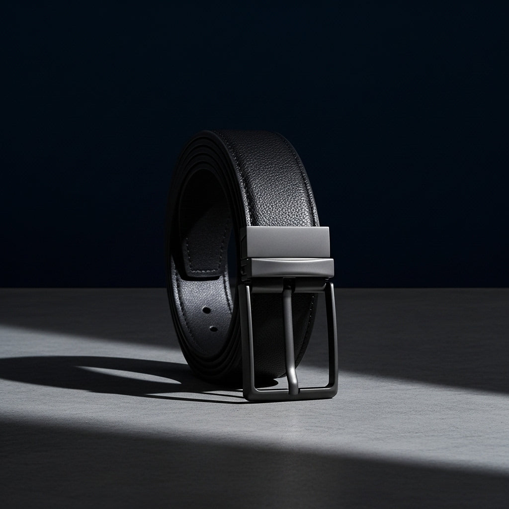 Ceinture homme Jérôme en cuir de vachette noir, texture grainée, avec boucle ardillon rectangulaire rotative en alliage gris canon. #fullwidth