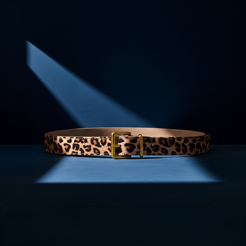Ceinture Joie en cuir avec motif léopard discret, boucle ardillon dorée, 2 cm de large, sur fond bleu foncé #fullwidth