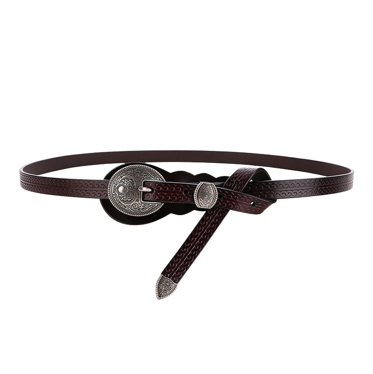 Ceinture fine en cuir de vachette marron foncé Joséphina avec boucle médaillon argenté gravé et motif vintage discret sur le cuir.