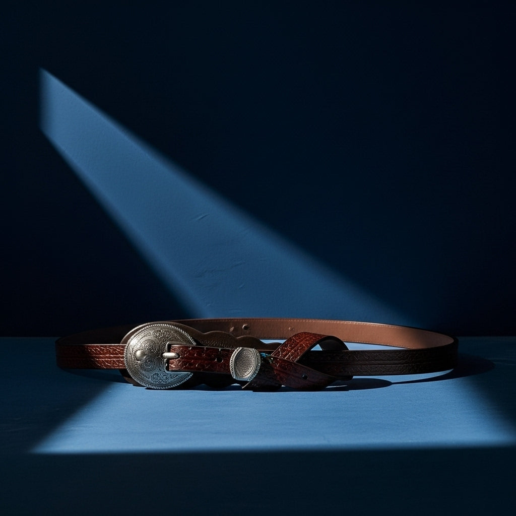 Ceinture fine en cuir de vachette marron Joséphina avec finition nubuck et boucle argentée gravée, #fullwidth