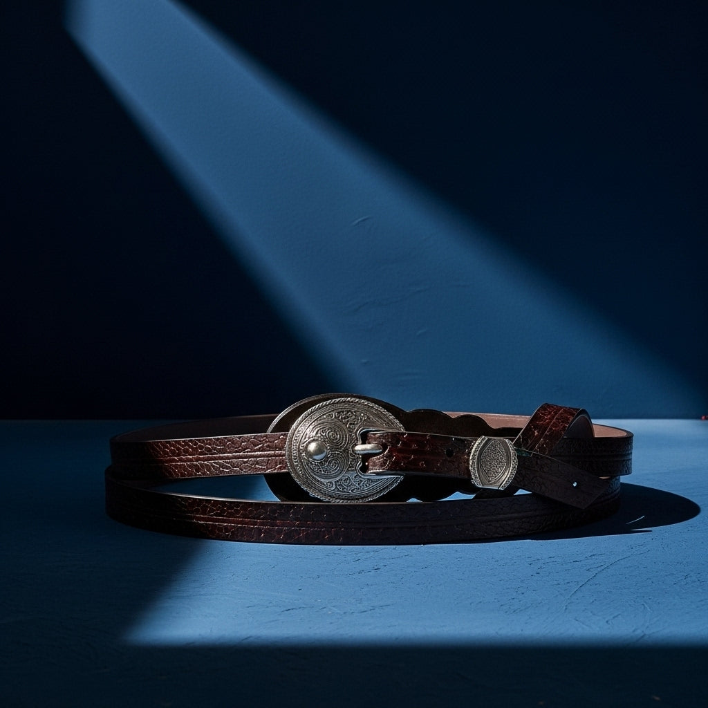 Ceinture fine en cuir de vachette marron avec finition nubuck et motif grainé, boucle médaillon argentée gravée style rétro. #fullwidth