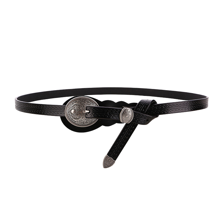 Ceinture fine en cuir noir Joséphina avec boucle médaillon gravée argentée, style rétro et motifs vintage.