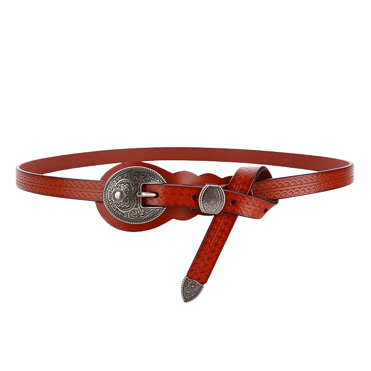 Ceinture fine en cuir de vachette marron Joséphina avec boucle ardillon médaillon gravé argenté et motif vintage. #fullwidth