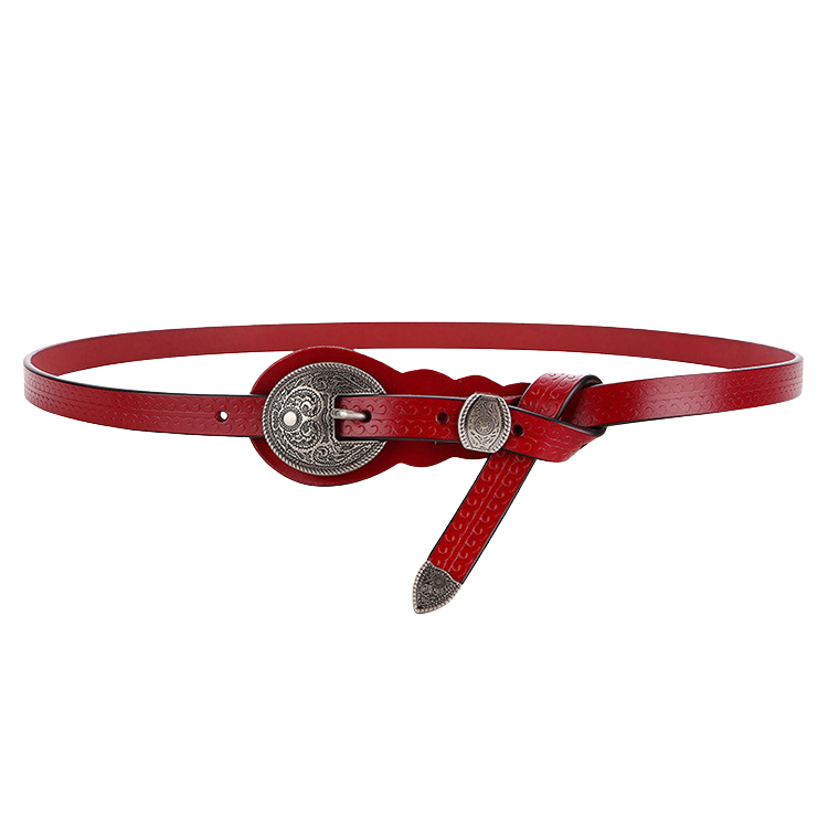 Ceinture fine en cuir rouge Joséphina avec boucle argentée gravée et motif vintage, finition nubuck.