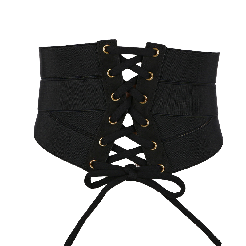 Ceinture corset femme Joséphine noire avec lacets et œillets dorés, ajustable et élastique