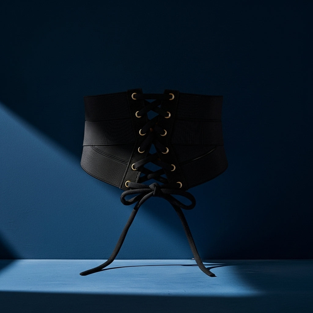 Ceinture corset noire Joséphine en tissu élastique avec lacets dorés et nœud décoratif, fermeture zippée arrière. #fullwidth