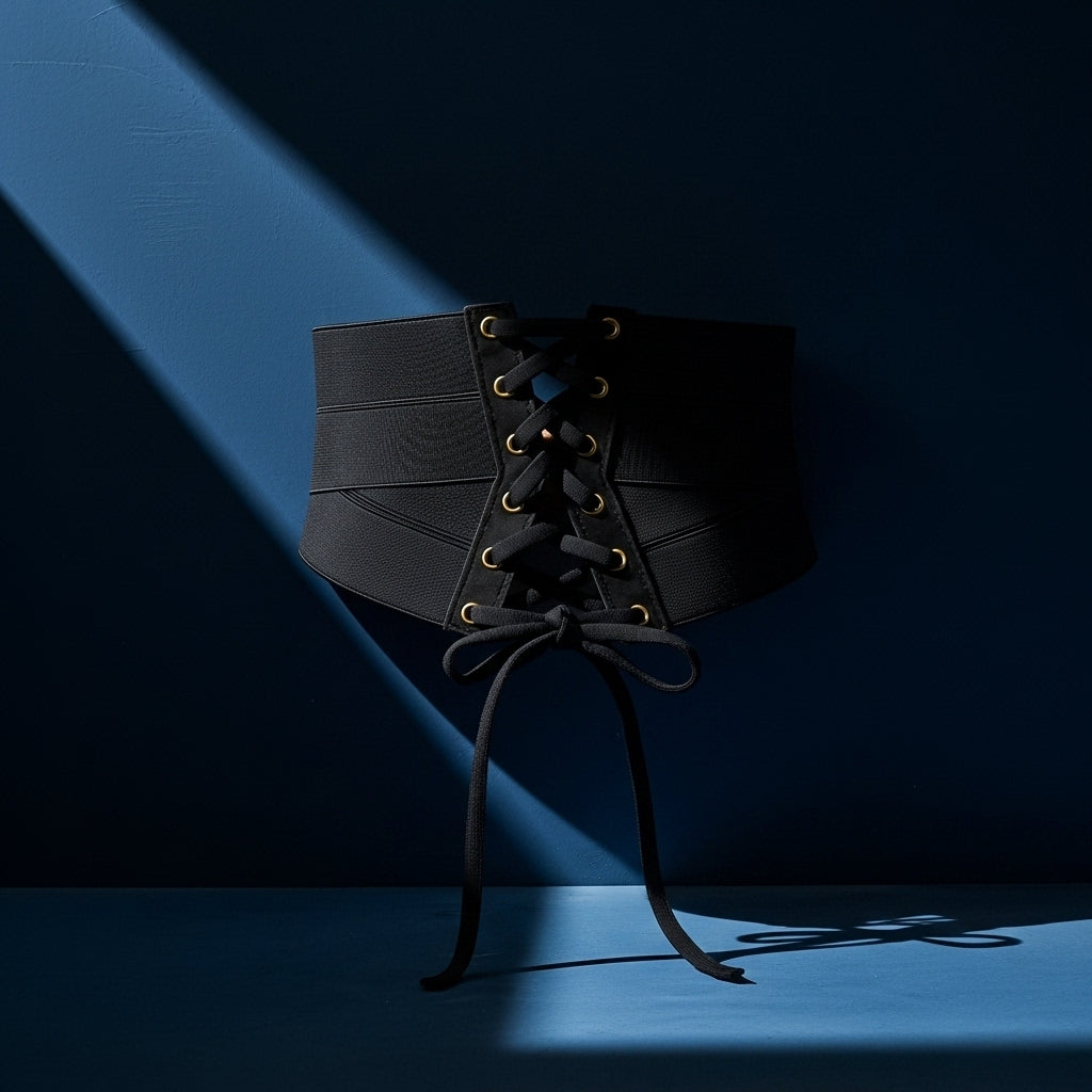 Ceinture corset noire Joséphine avec lacets dorés et nœud décoratif, en tissu élastique, sur fond bleu avec jeux d'ombre et de lumière #fullwidth