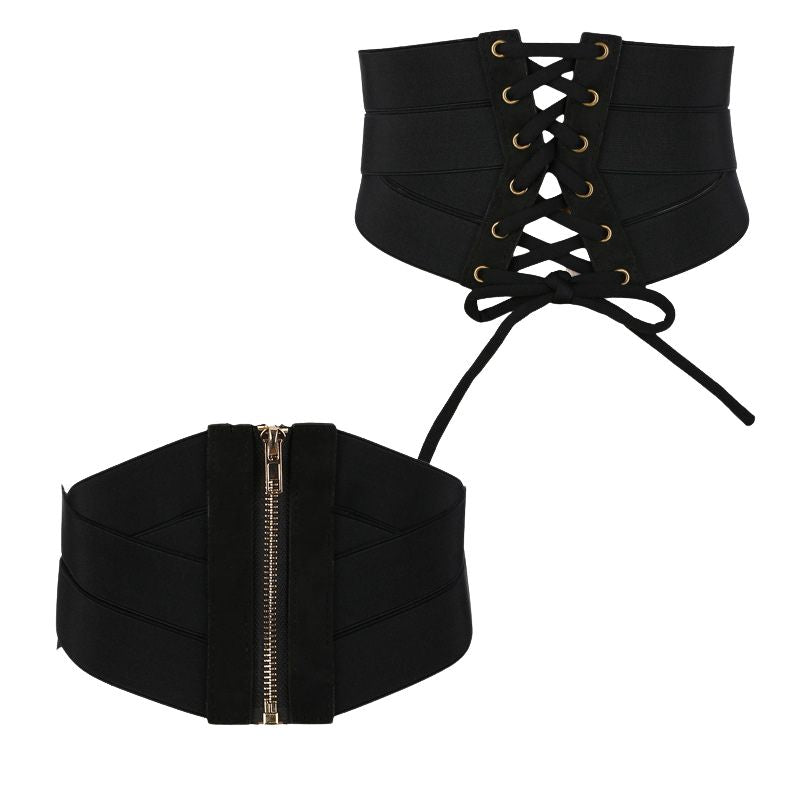 Ceinture corset noire Joséphine pour femme, avec laçage doré sur le devant et fermeture éclair dorée à l'arrière. Ceinture élastique ajustable.