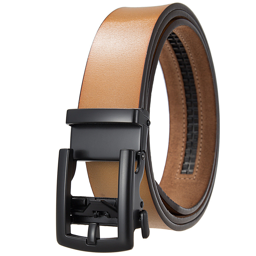 Ceinture Jules pour homme en cuir refendu de vachette couleur chameau avec boucle automatique rectangulaire noire #fullwidth