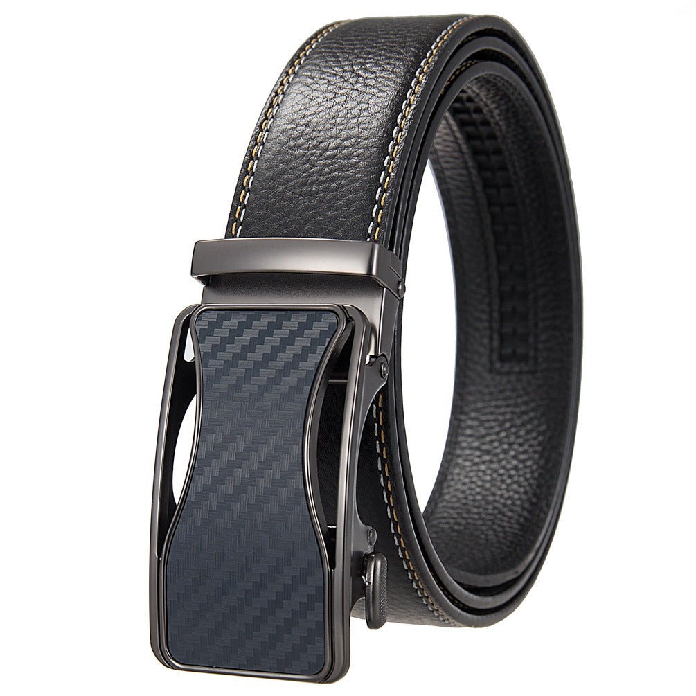 Ceinture homme Jules Lin noire en cuir de vachette avec boucle automatique rectangulaire à insert carbone bleu et système à crémaillère #fullwidth