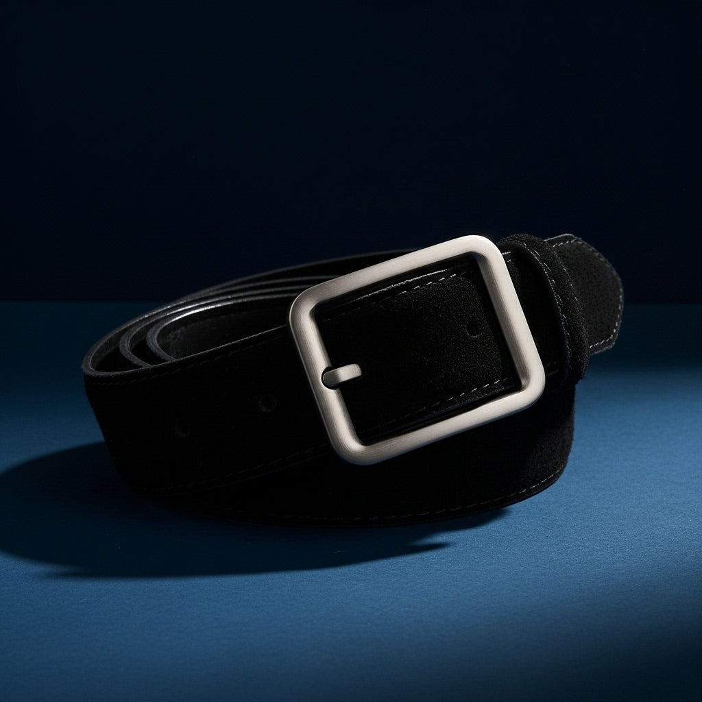 Ceinture noire en suède pour femme, modèle Justesse, avec une boucle carrée argentée minimaliste. Le fond est bleu uni. #fullwidth