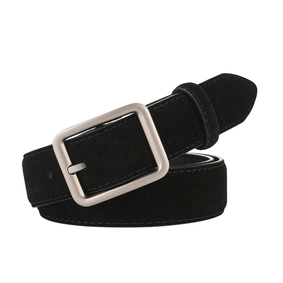 Ceinture femme Justesse en suède noir avec boucle carrée argentée minimaliste.