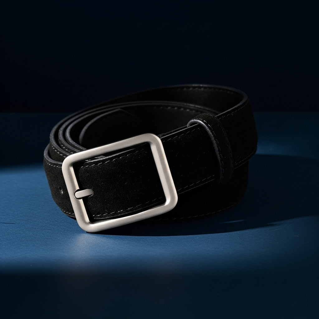 Ceinture noire en suède "Justesse" pour femme, avec une boucle argentée carrée et minimaliste, sur fond bleu. #fullwidth