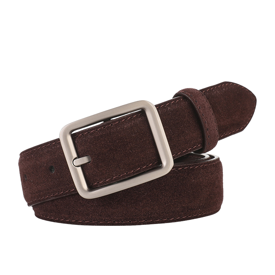 Ceinture femme Justesse en suède marron café avec boucle carrée argentée minimaliste.