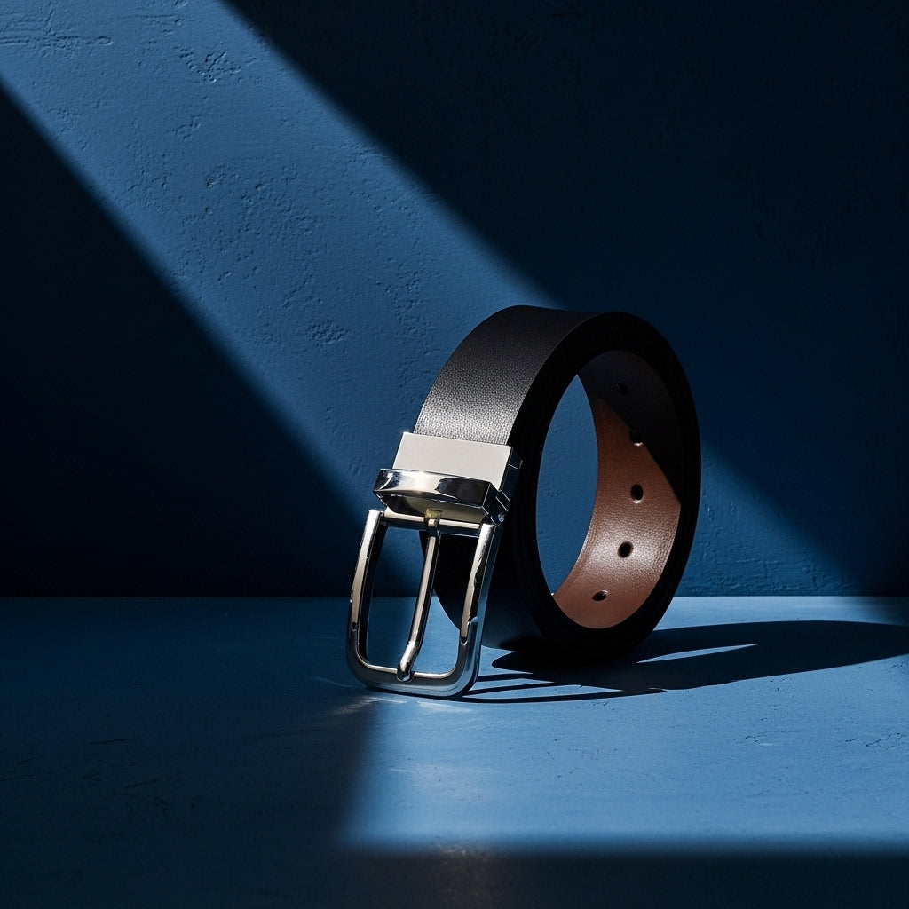 Ceinture réversible homme Justin en cuir de vachette lisse noir et marron avec boucle ardillon argentée. #fullwidth