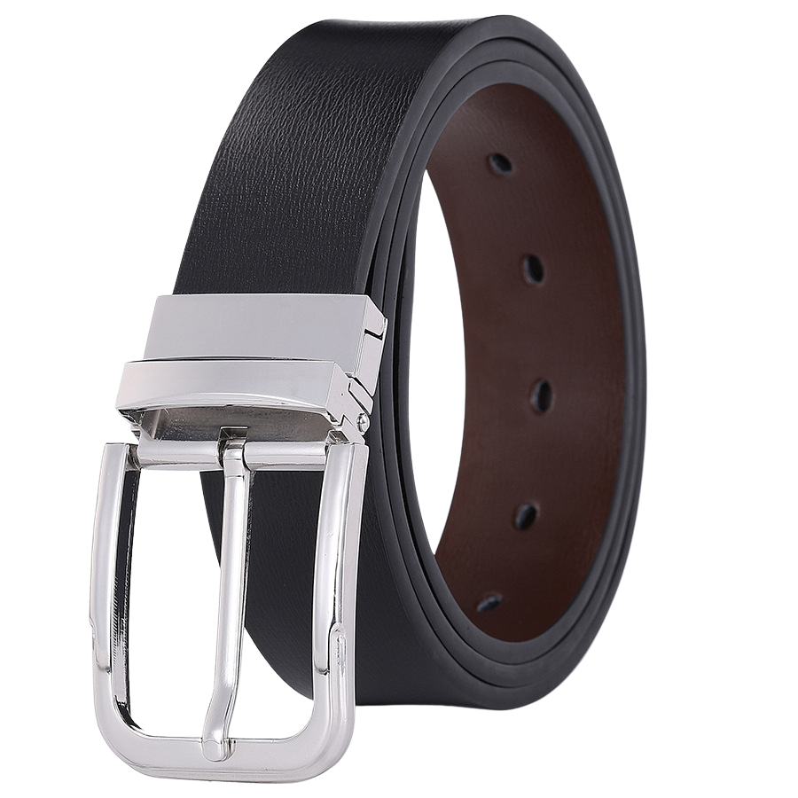 Ceinture homme Justin en cuir noir avec boucle ardillon réversible argentée foncée.