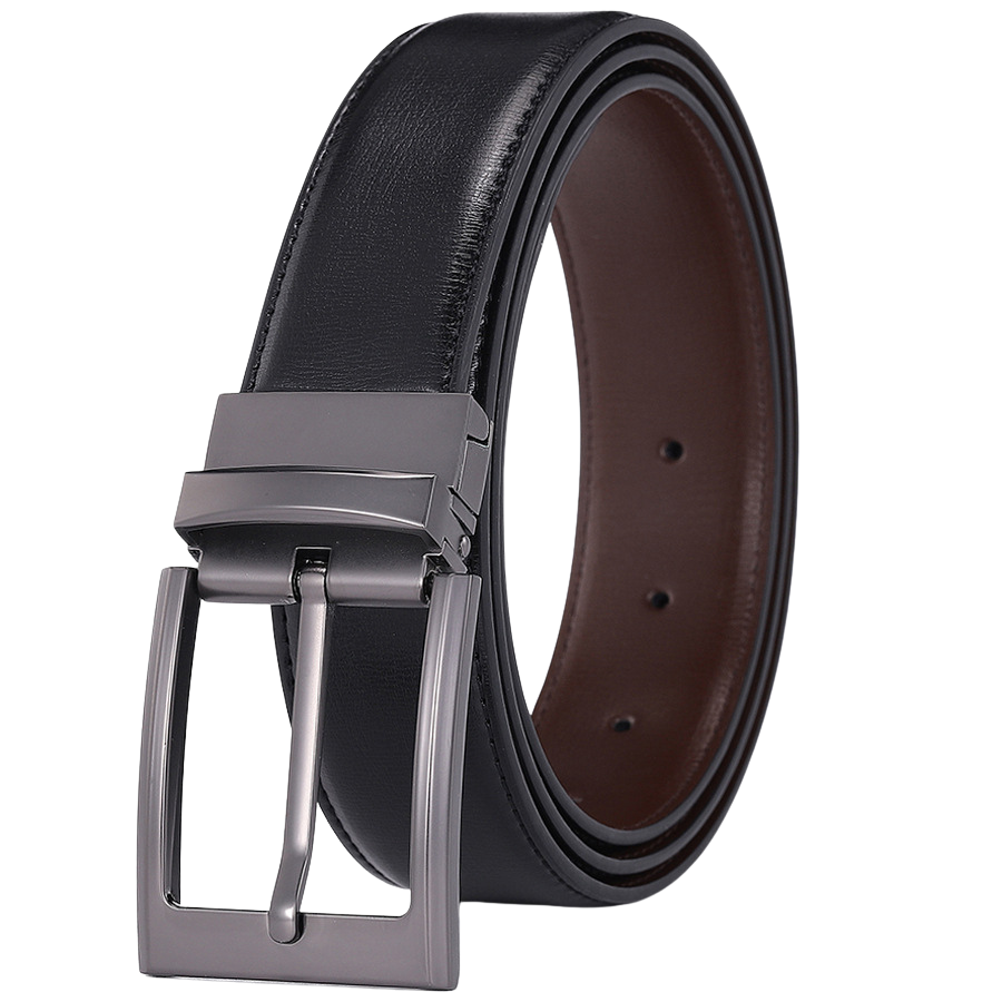 Ceinture homme Justin en cuir noir avec boucle ardillon réversible argentée mate.