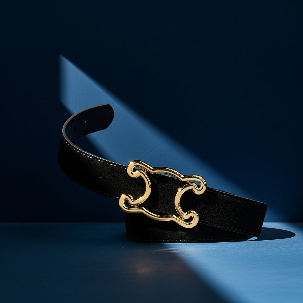 Ceinture femme Justine en cuir suédé noir avec boucle dorée baroque #fullwidth