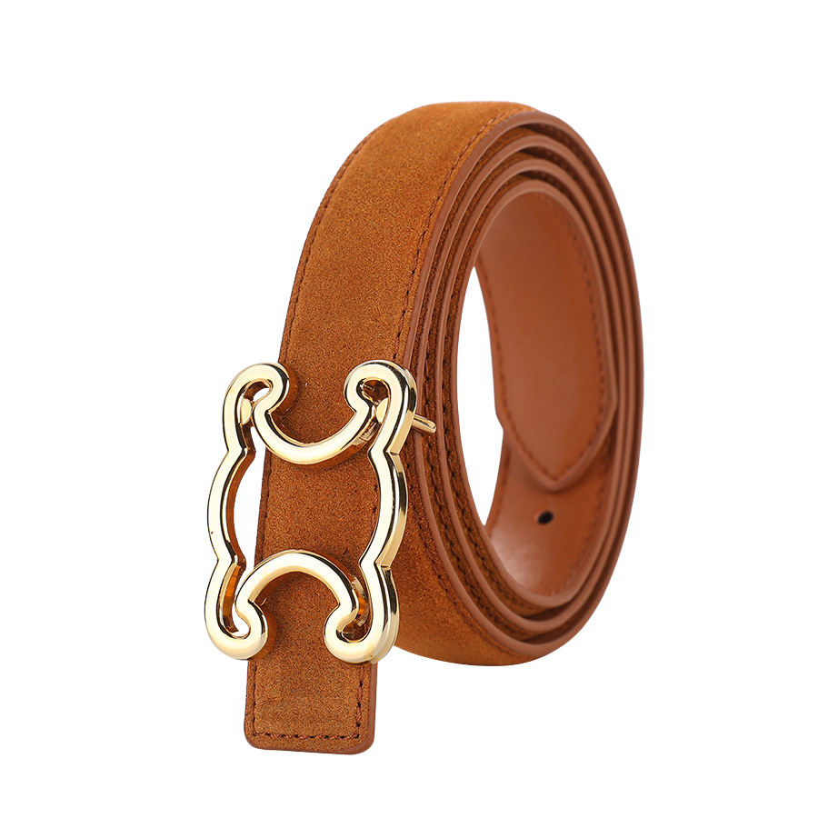 Ceinture femme Justine en cuir suédé camel avec boucle dorée baroque #fullwidth