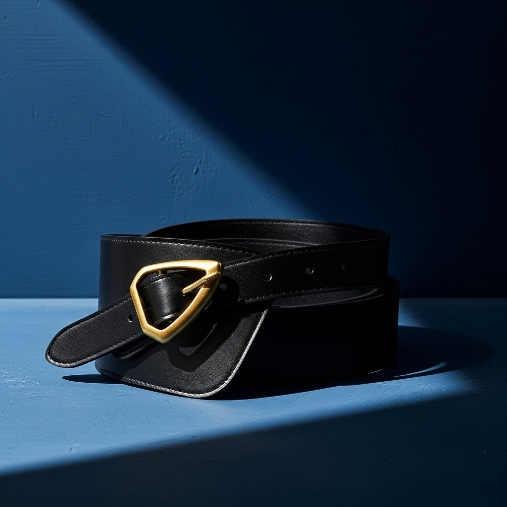 Ceinture Kloé noire en cuir de vachette avec une boucle ardillon triangle dorée et une large forme corset, sur fond bleu #fullwidth