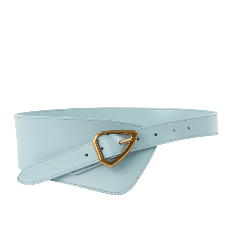 Ceinture femme Kloé bleu clair en cuir avec boucle triangle dorée