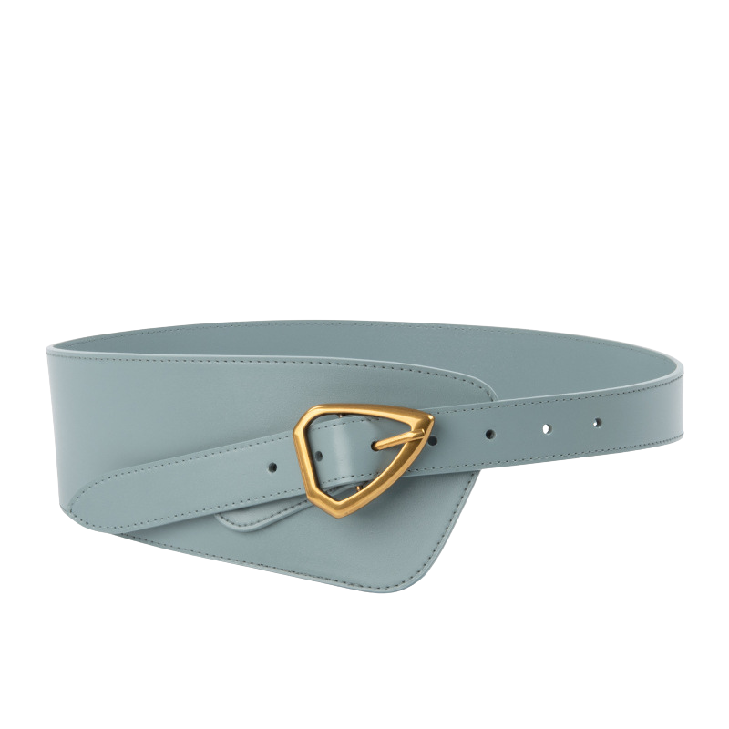 Ceinture Kloé bleue en cuir de vachette avec boucle ardillon triangle dorée, style corset