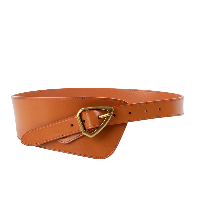 Ceinture Kloé en cuir de vachette refendu orange avec une boucle ardillon triangle en métal doré, forme corset sur l'avant.