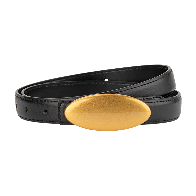 Ceinture femme Lætitia noire en simili cuir avec une boucle dorée mate ovale et allongée.