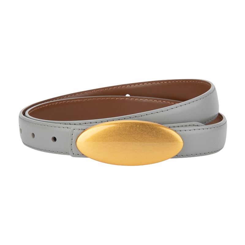Ceinture femme Lætitia en simili cuir gris avec une boucle ovale dorée mate, style bohème.