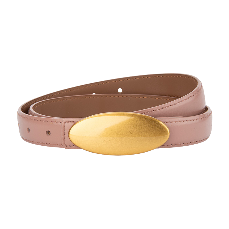 Ceinture femme Lætitia en simili cuir rose avec une boucle ovale allongée dorée mate.