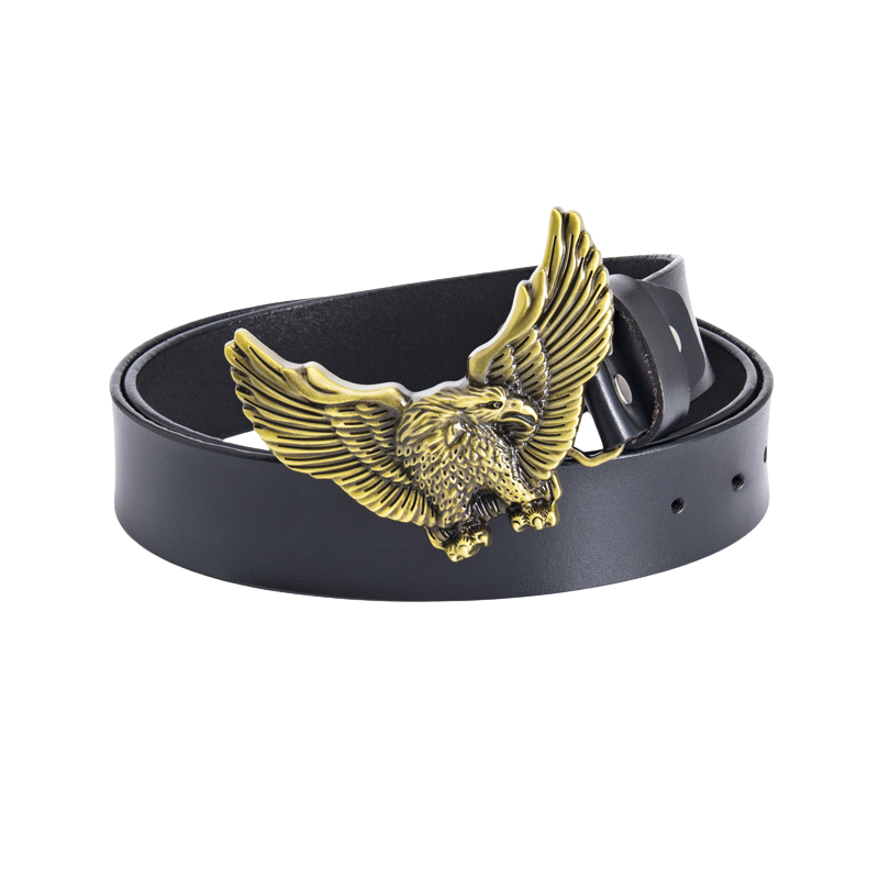 Ceinture homme La Fronde en cuir noir avec boucle dorée en forme d'aigle aux ailes déployées