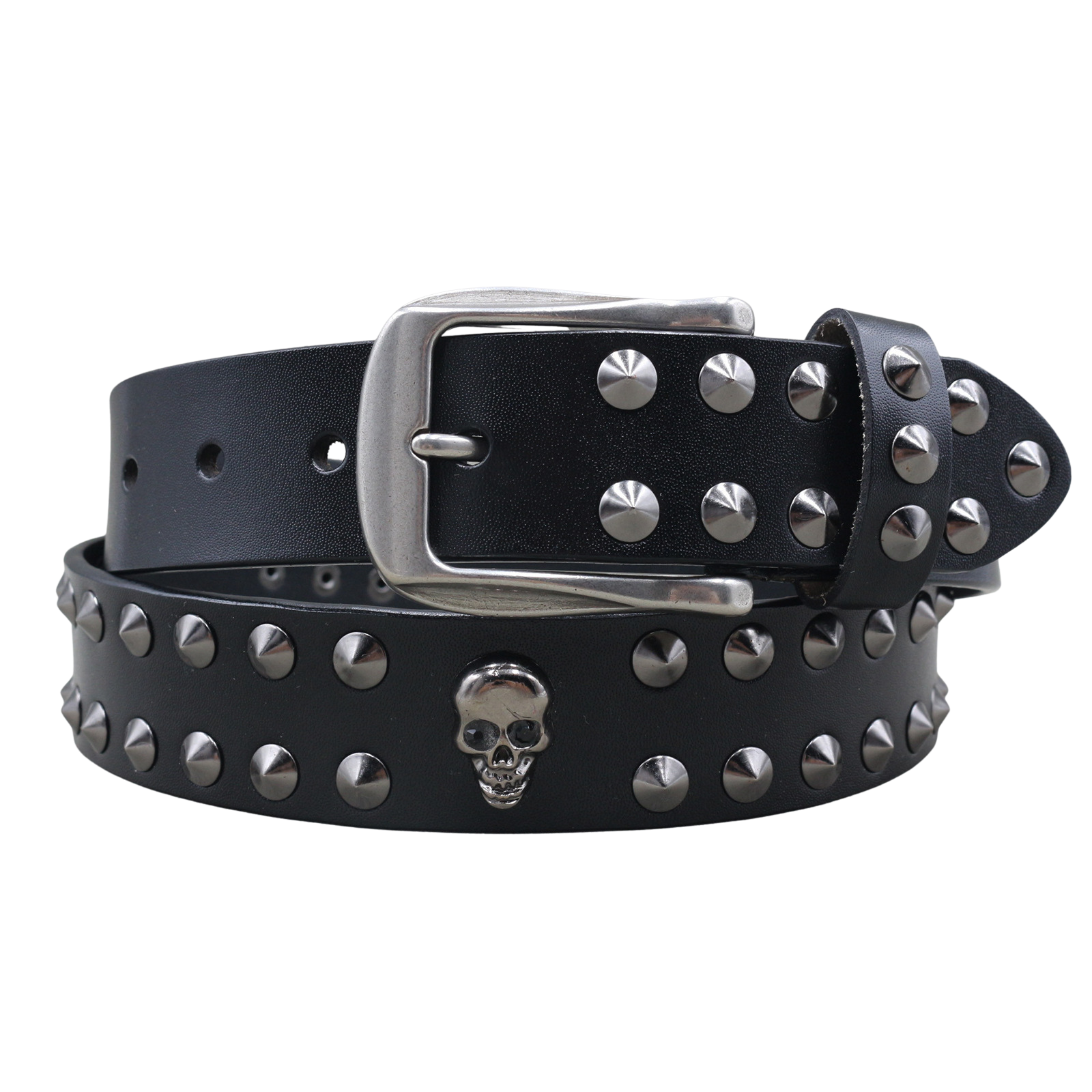 Ceinture pour homme La Hyène en cuir noir cloutée avec tête de mort et boucle argentée