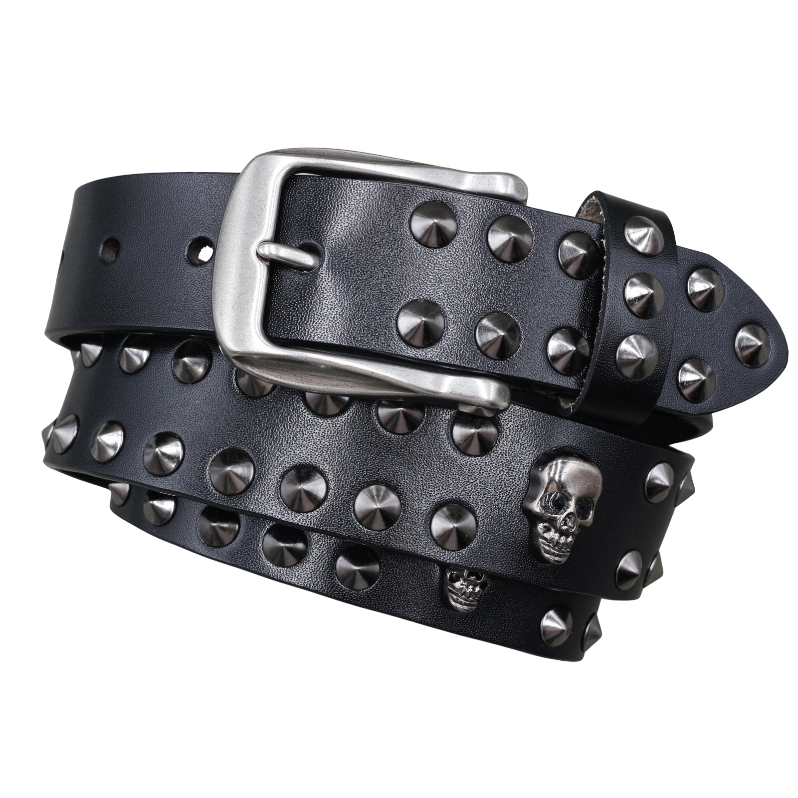 Ceinture La Hyène noire pour homme en cuir refendu, cloutée et ornée d'une tête de mort, avec boucle ardillon argentée.