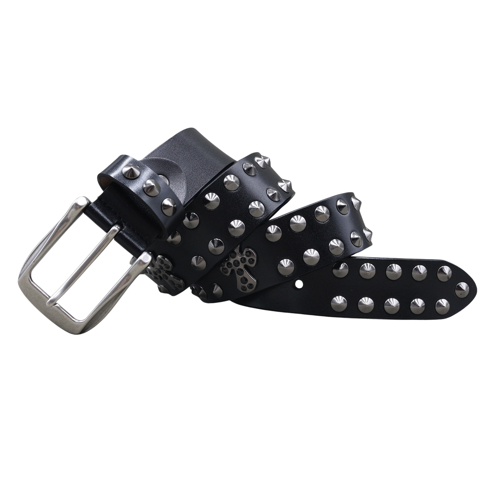 Ceinture unisexe punk La Poudrière en cuir noir ornée de clous argentés ronds et d'une croix décorative, avec boucle rectangulaire ardillon argentée. #fullwidth