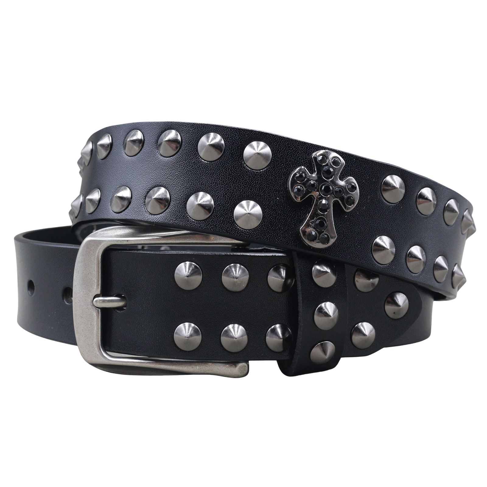 Ceinture unisexe La Poudrière en cuir noir clouté avec une boucle argentée et un pendentif en forme de croix #fullwidth