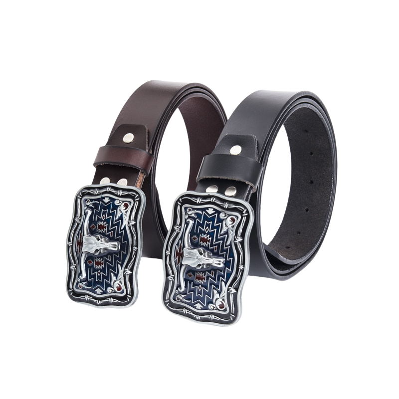Ceinture homme Lame Noire, cuir refendu de vachette, boucle rectangulaire argentée avec crâne de vache stylisé bleu et rouge, style western