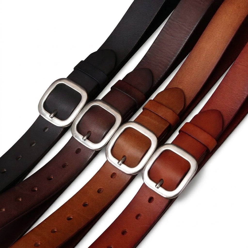 Collection de ceintures homme Langeais en cuir pleine fleur tannage végétal avec boucles ardillon carrées en acier argenté vieilli, présentées en différents coloris