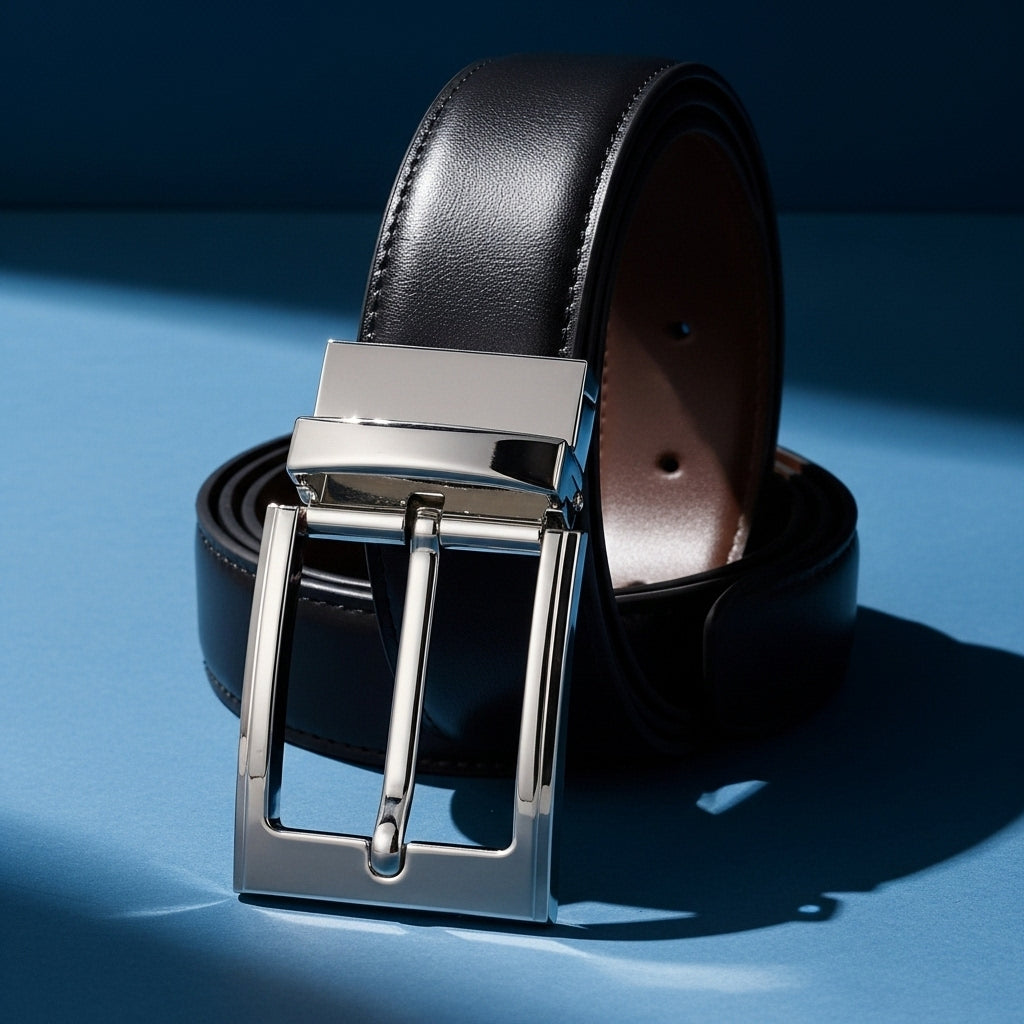 Ceinture Laurent homme en cuir de vachette grainé noir, réversible avec boucle ardillon rectangulaire en alliage argenté rotative et ajustable. #fullwidth