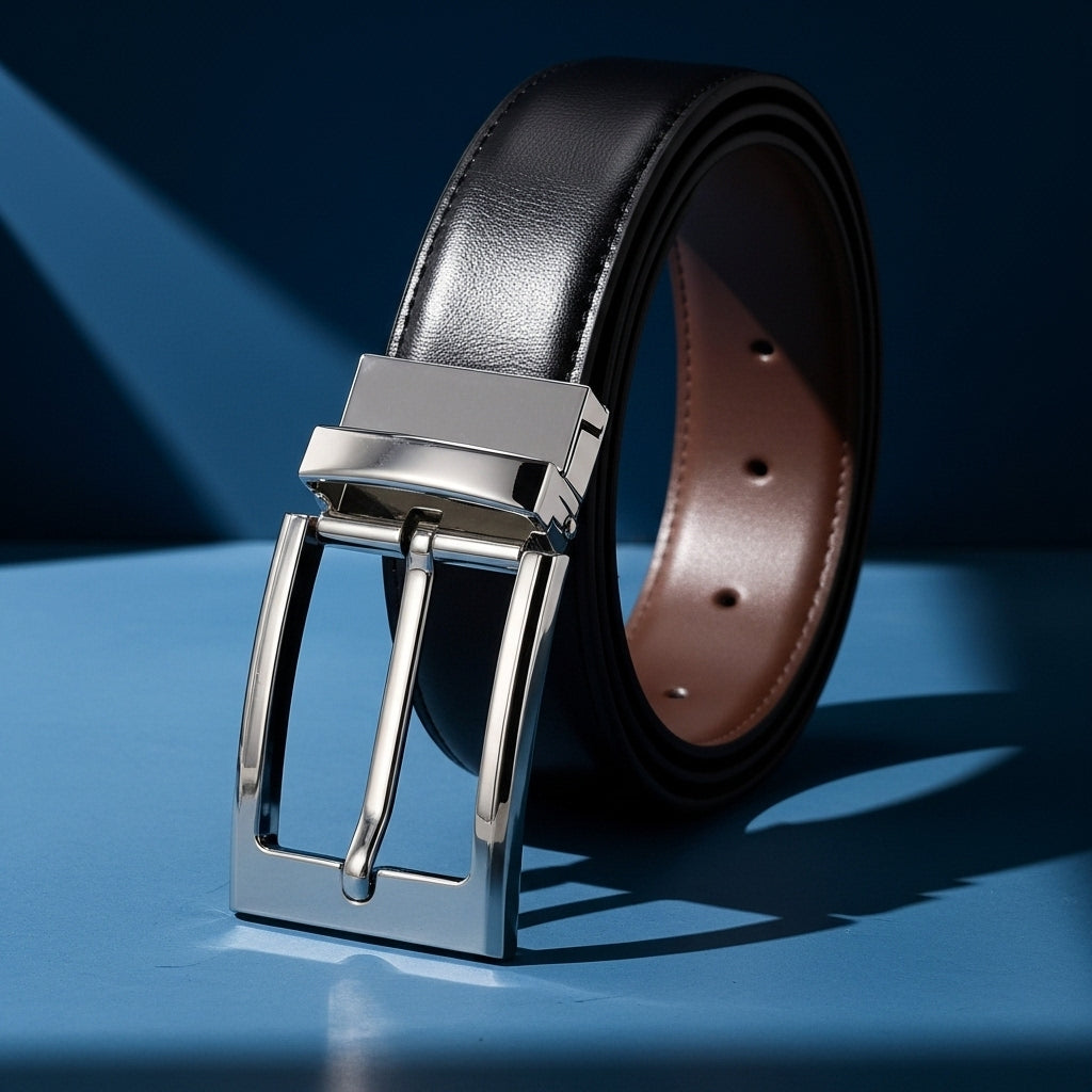 Ceinture Laurent pour homme, en cuir noir grainé avec boucle ardillon rectangulaire argentée et réversible. #fullwidth