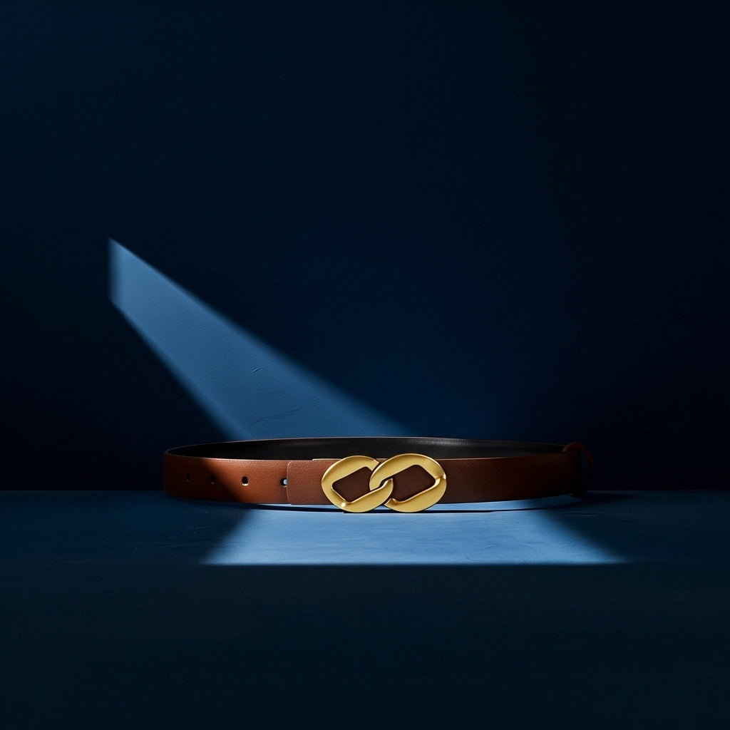 Ceinture femme Laurine en cuir marron avec boucle dorée stylisée en forme de maillons entrelacés. #fullwidth