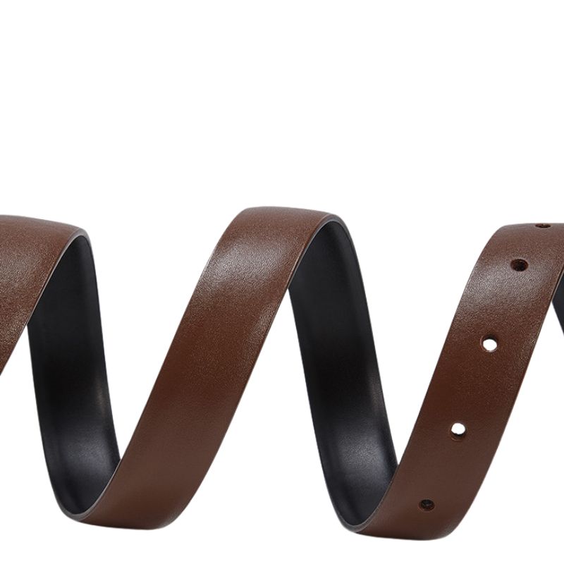 Ceinture réversible pour femme Laurine en cuir marron et noir, avec une boucle crochet clou dorée stylisée.