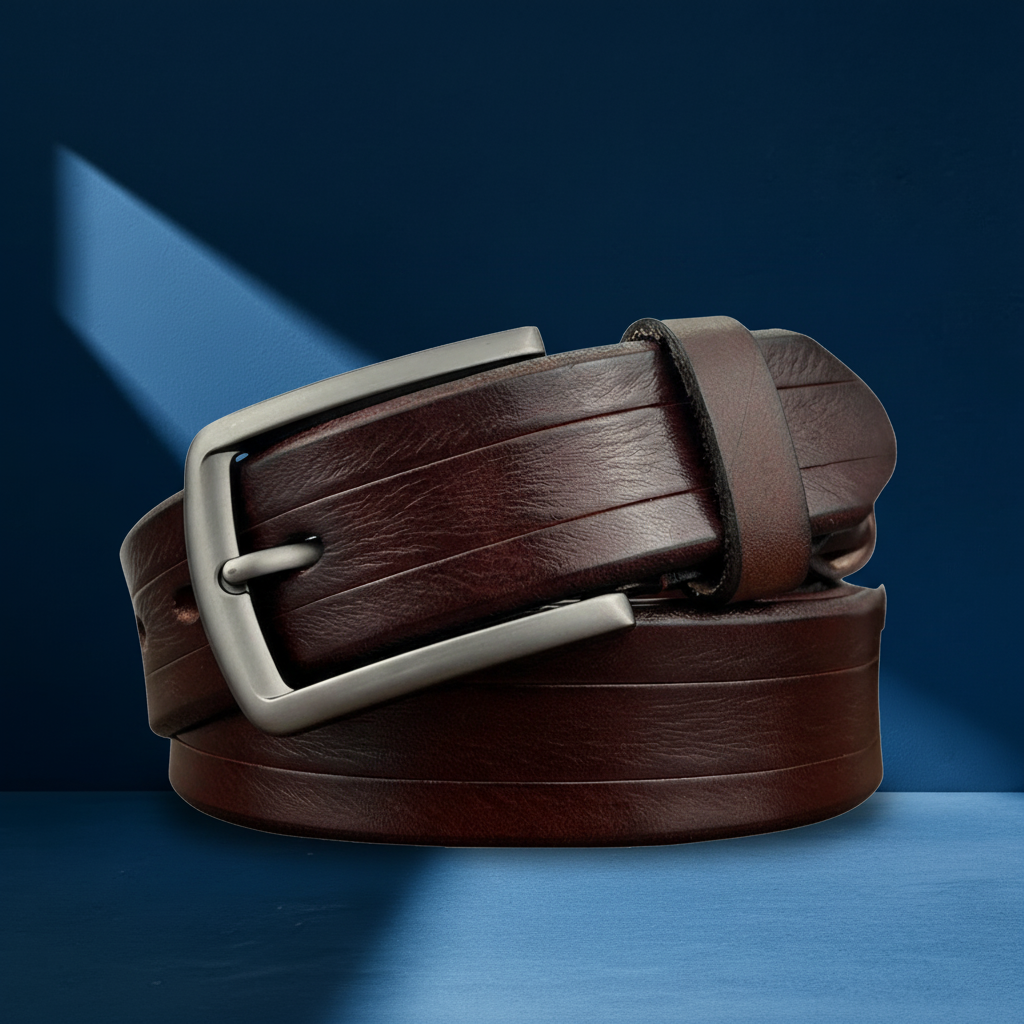 Ceinture Léandre en cuir de vachette pleine fleur marron foncé, avec boucle rectangulaire argentée et détails striés sur la lanière. #fullwidth