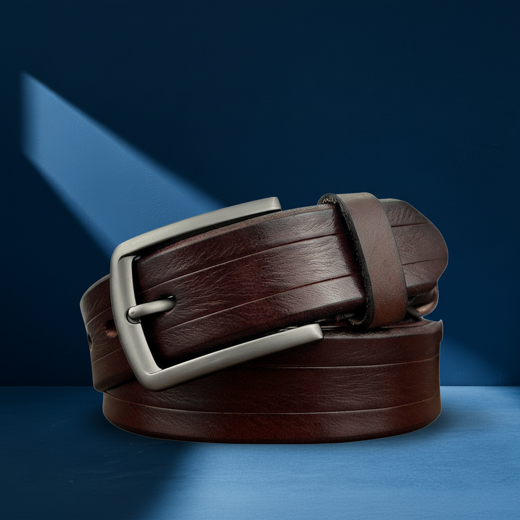 Ceinture homme Léandre en cuir de vachette marron, avec une boucle argentée et une lanière texturée. #fullwidth