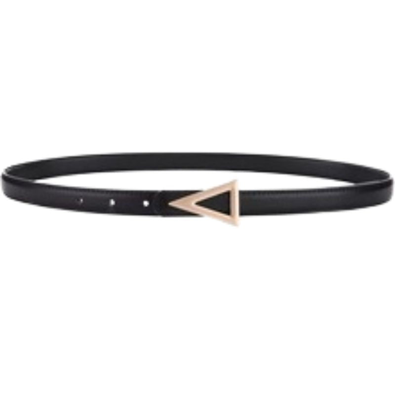 Ceinture fine noire Légende pour femme en cuir avec boucle triangle dorée et système crochet clou.