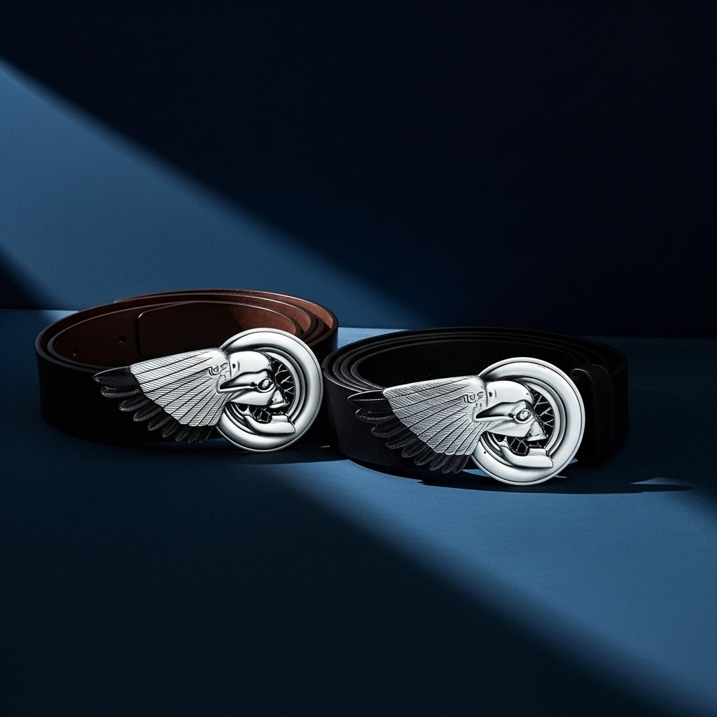 Deux ceintures homme Légende, une marron et une noire, avec une boucle argentée ornée d'un aigle stylisé et d'une roue de moto, style biker. #fullwidth